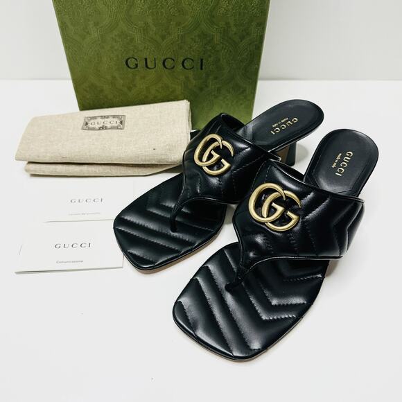 Gucci Marmont Chevron Double G 37/ US 7 Thong Heel Sandals Black Leather NIB - Picture 5 of 15